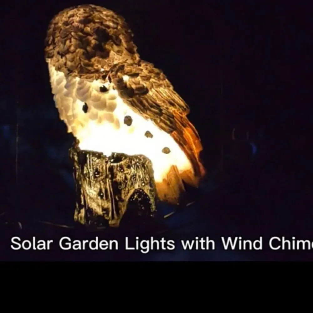 Solar OWL Wind-chimes. Outdoor decor solar powered lights up at night.